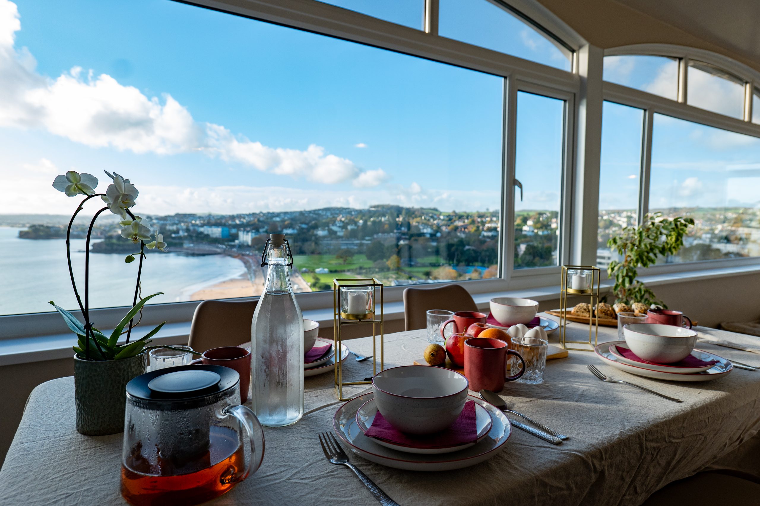 Breakfast table with panoramic Devon views at The Space wellness retreat in Torquay
